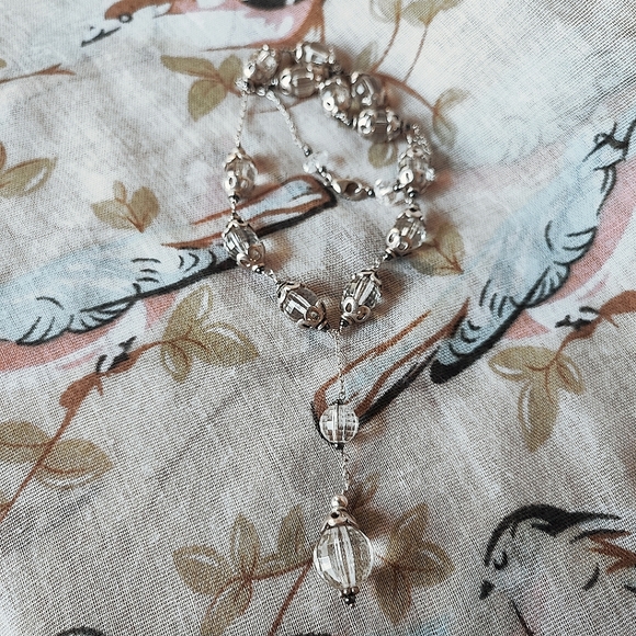 Vintage Rosary Clear Oval Faceted Glass Threaded Chain Silver Tone Necklace - Picture 4 of 9